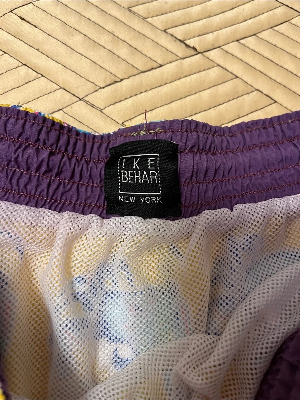 Ike Behar Yellow Swim Trunks with Blue Crab Print and Red Drawstring